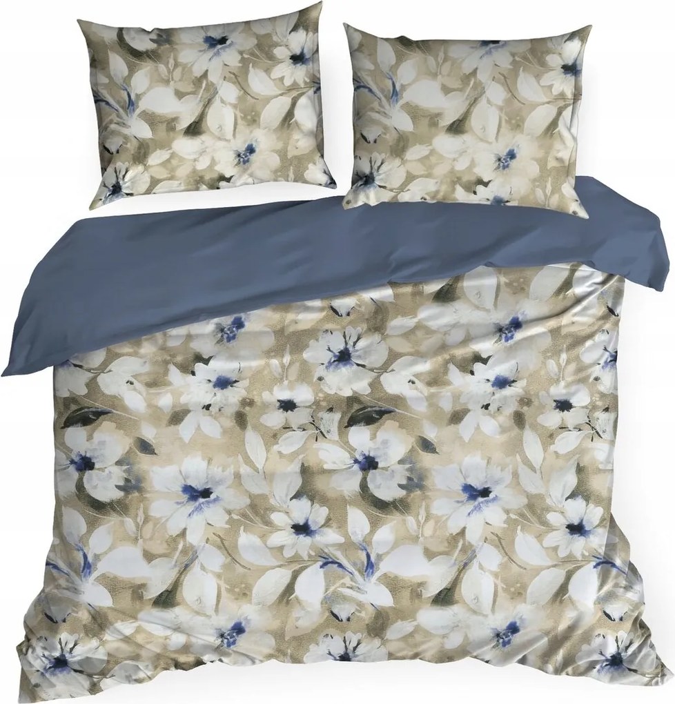 Szatén ágyneműhuzat 220x200 Virágok világos bézs/sötétkék