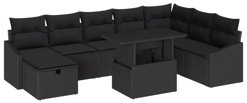 9 Darabos Kerti Kanapé Szett Párnákkal Fekete Poly Rattan