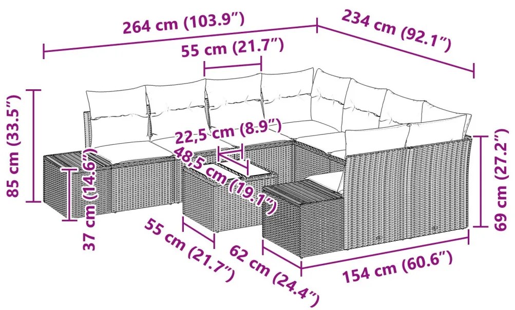 Kerti Kanapé Szett párnával 9 pcs Világosszürke polirattan