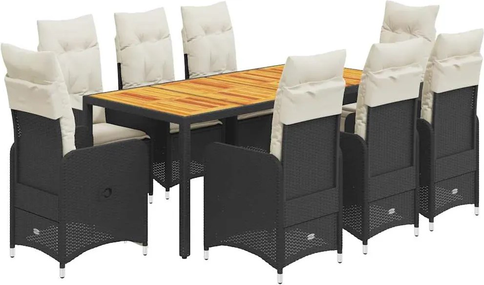 vidaXL 9 részes fekete polyrattan kerti bisztrógarnitúra párnákkal