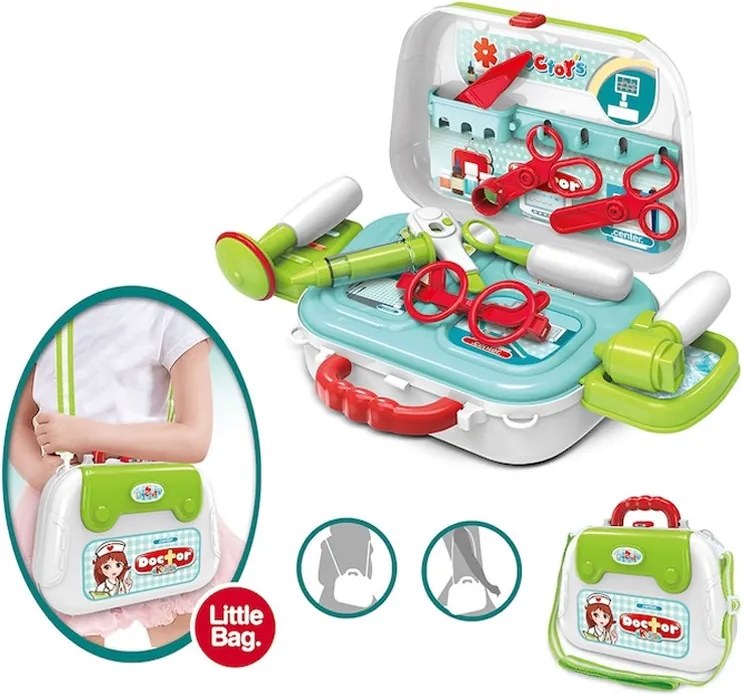 Gyermek orvosi készlet, fogantyús bőrönddel, hordozószíjjal, 12 kiegészítővel, többszínű