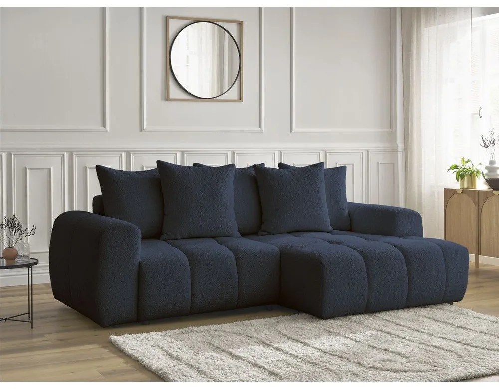 Kék buklé kinyitható-tárolóhelyes sarokkanapé (jobb oldali-heverő résszel) Roxelane – Bobochic Paris