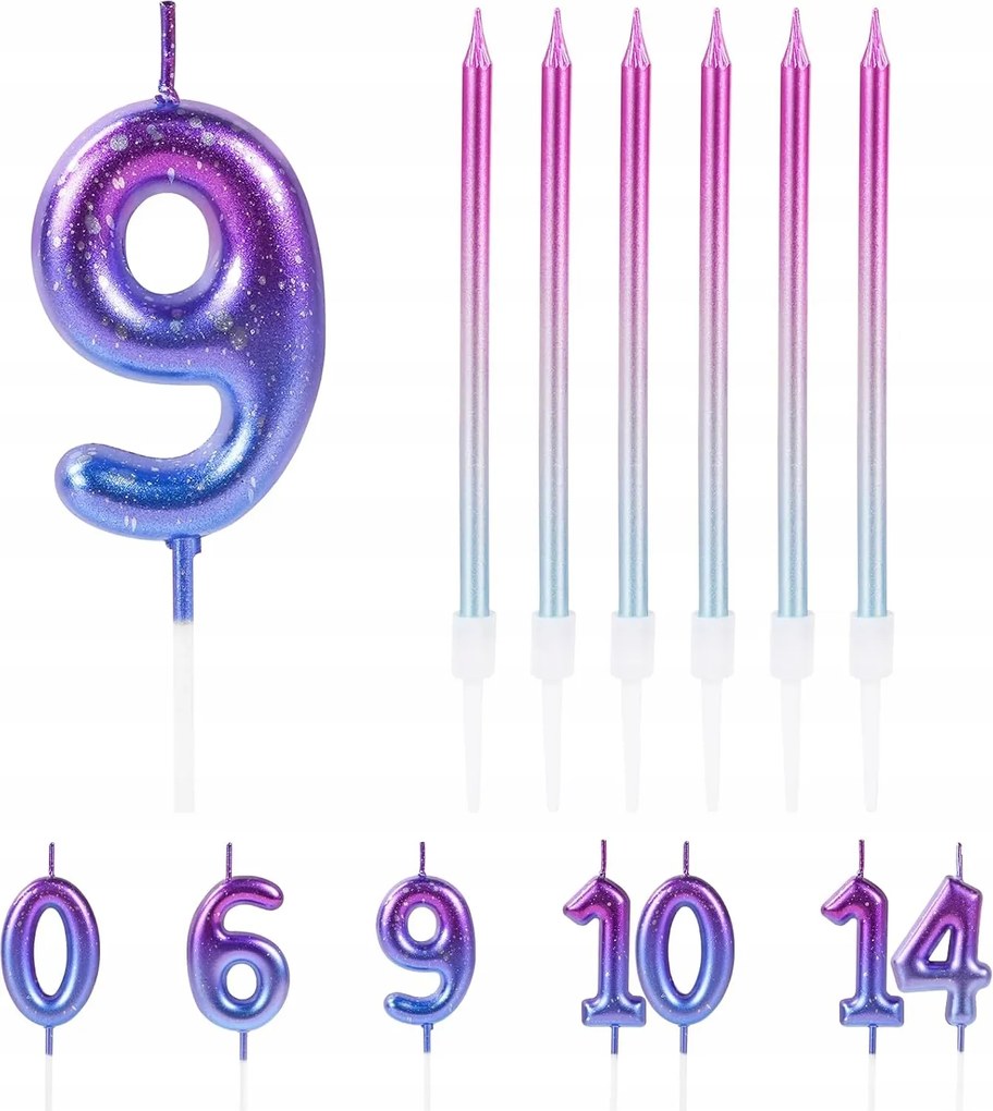 3D alakú születésnapi gyertya, 9-es számmal ellátott gyertya, lila dekoráció