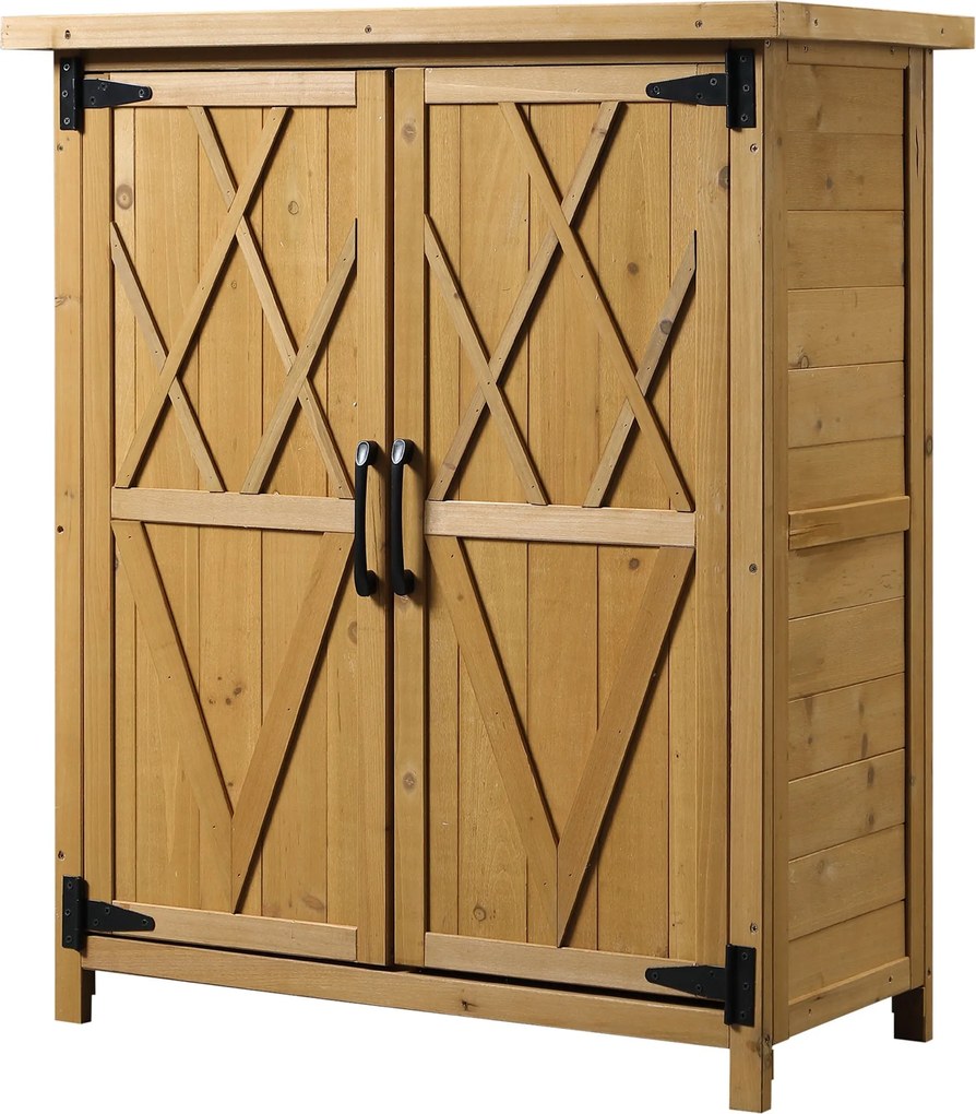 Outsunny Kültéri Fa Tároló Szekrény 0,24 m² 75x40x90 cm Kertiszerszám Tároló 2 Ajtóval, 4 Polccal és Horganyzott Tetővel | Aosom
