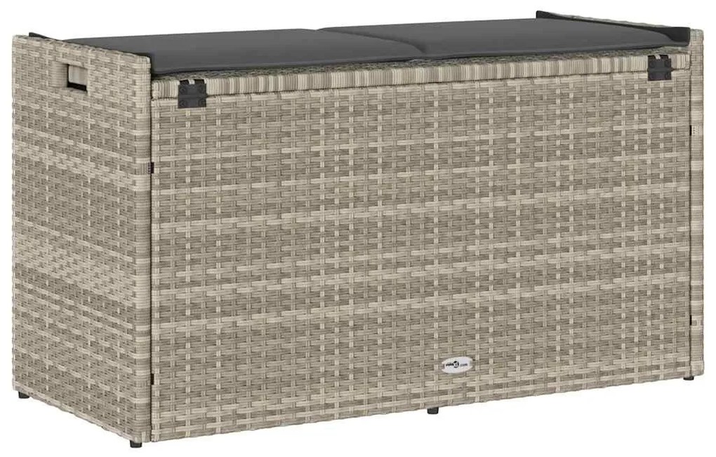 világosszürke polyrattan kültéri tárolópad párnával 100 cm