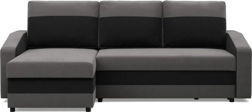 Hewlet sarokkanapé, 2 ágyneműtartóval, szövet anyag, univerzális oldal, hab töltet, szürke - fekete