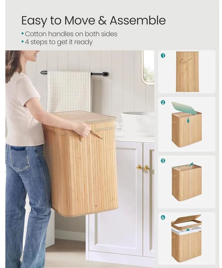 Fedeles szennyeskosár, bambusz ruháskosár 150 L, természetes bézs színben