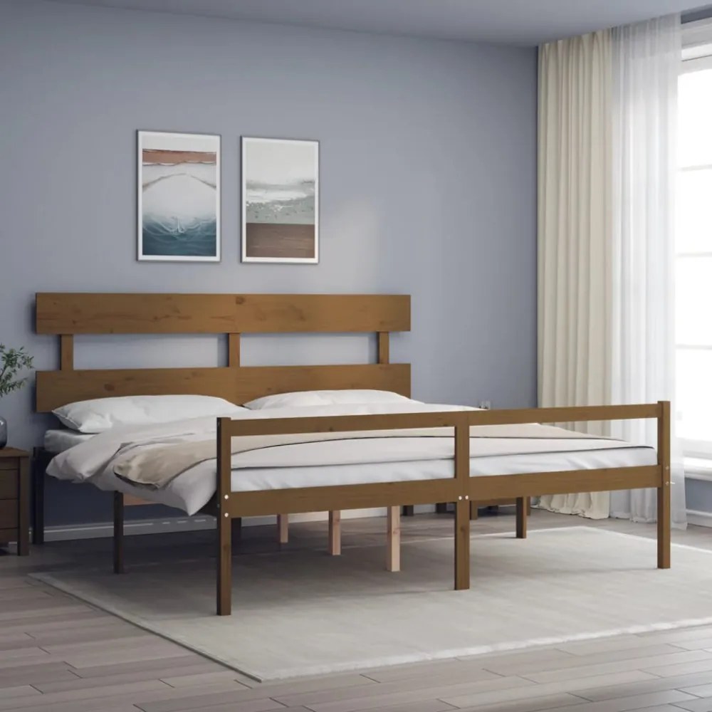 mézbarna tömör fa ágy időseknek fejtámlával 200x200 cm