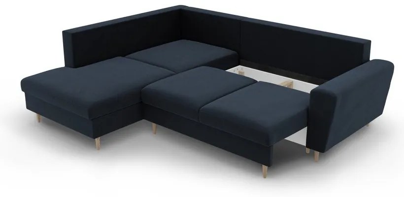 Sötétkék bársony kinyitható tárolóhelyes sarokkanapé (bal oldali-L alakú) Kyoto – Cosmopolitan Design