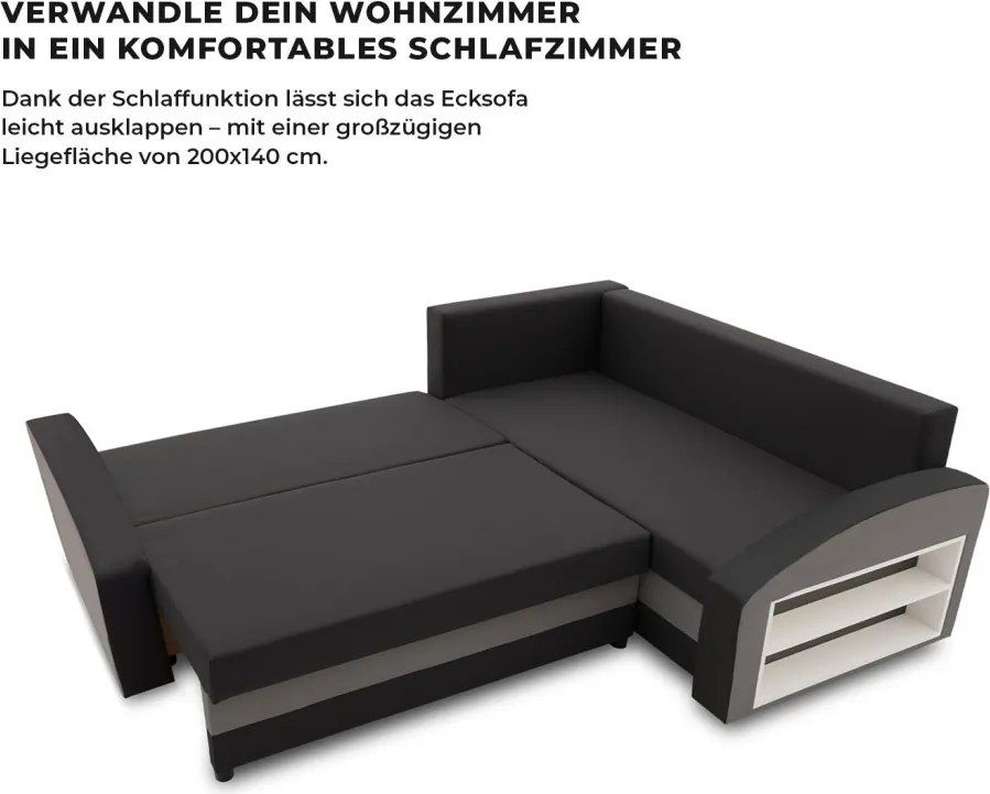 Grande sarokkanapé polcokkal , polc a jobb karfaban, jobboldali, szövet anyag, hab töltet, fekete - szürke