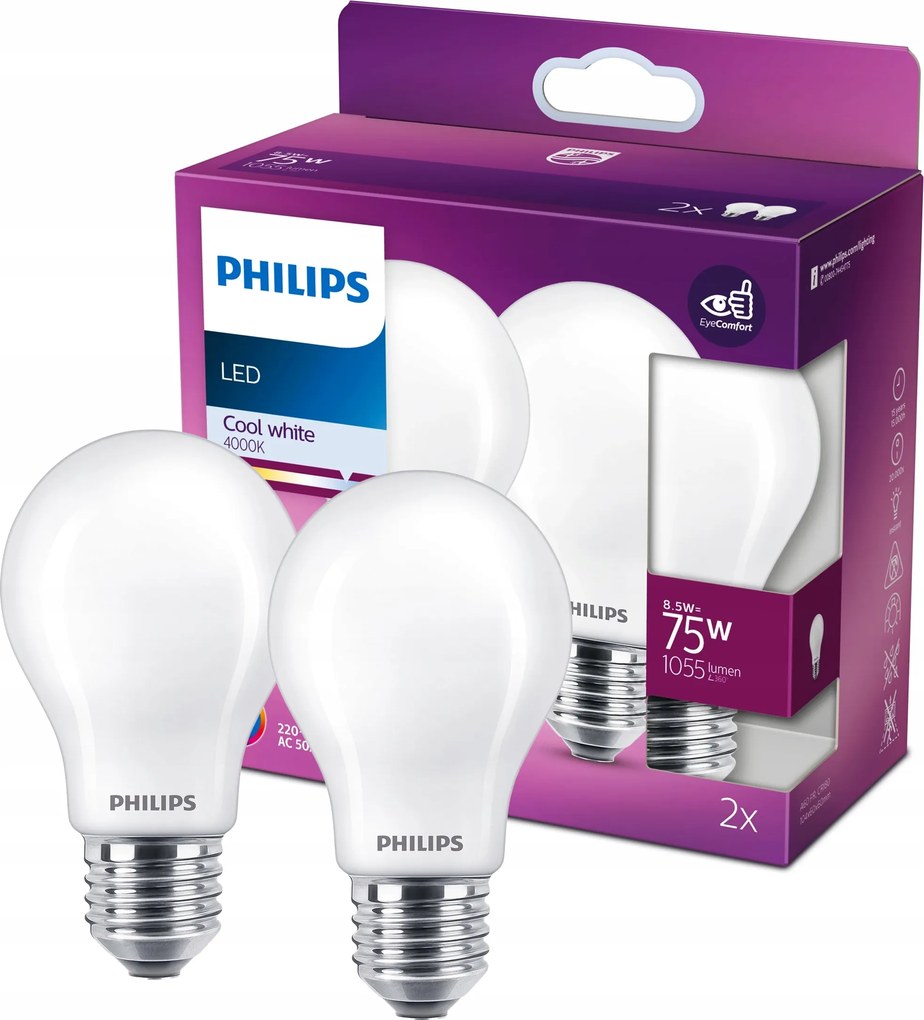 2x Led izzó E27 A60 8.5W 75W 1055lm 4000K Semleges Filament Philips