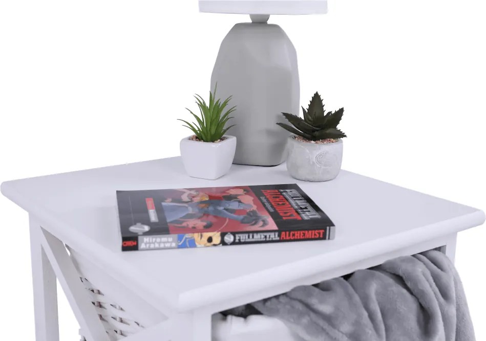 Éjjeliszekrény, fa/vesszőfonás/szövet, fehér, RAFAELLO