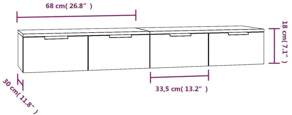 2 db fekete szerelt fa faliszekrény 68 x 30 x 20 cm