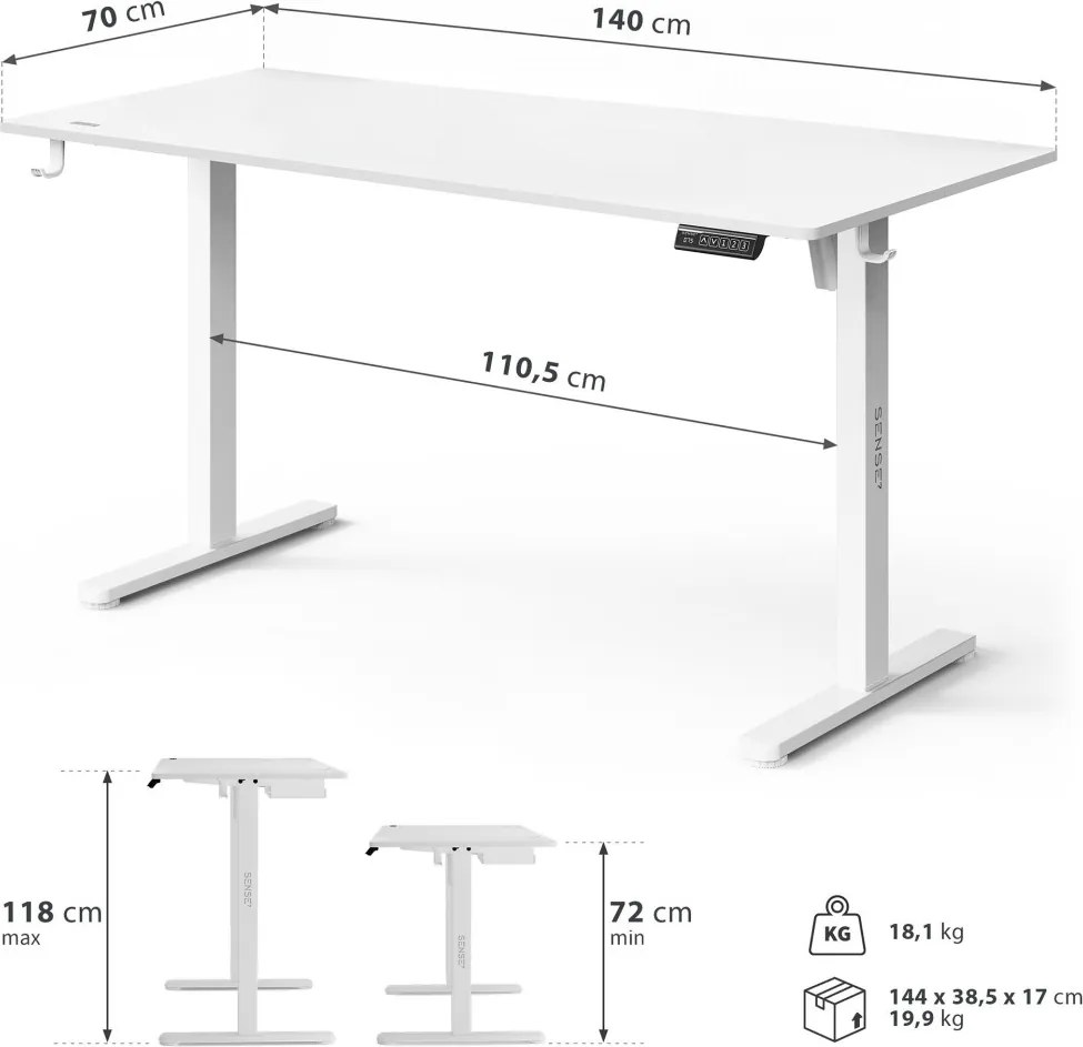 Állítható magasságú íróasztal Nojo Light 140 cm x 60 cm fehér