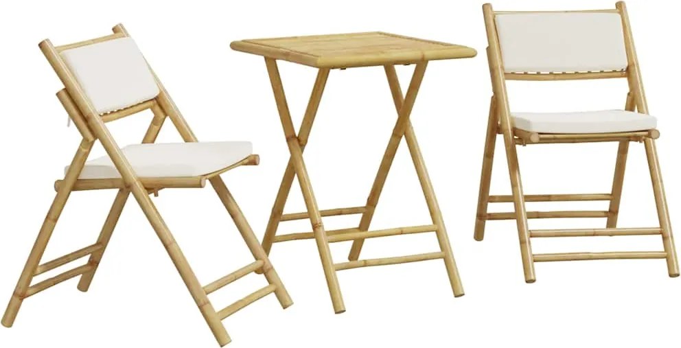 vidaXL 3 db bambusz összecsukható bisztrószett krémfehér párnával