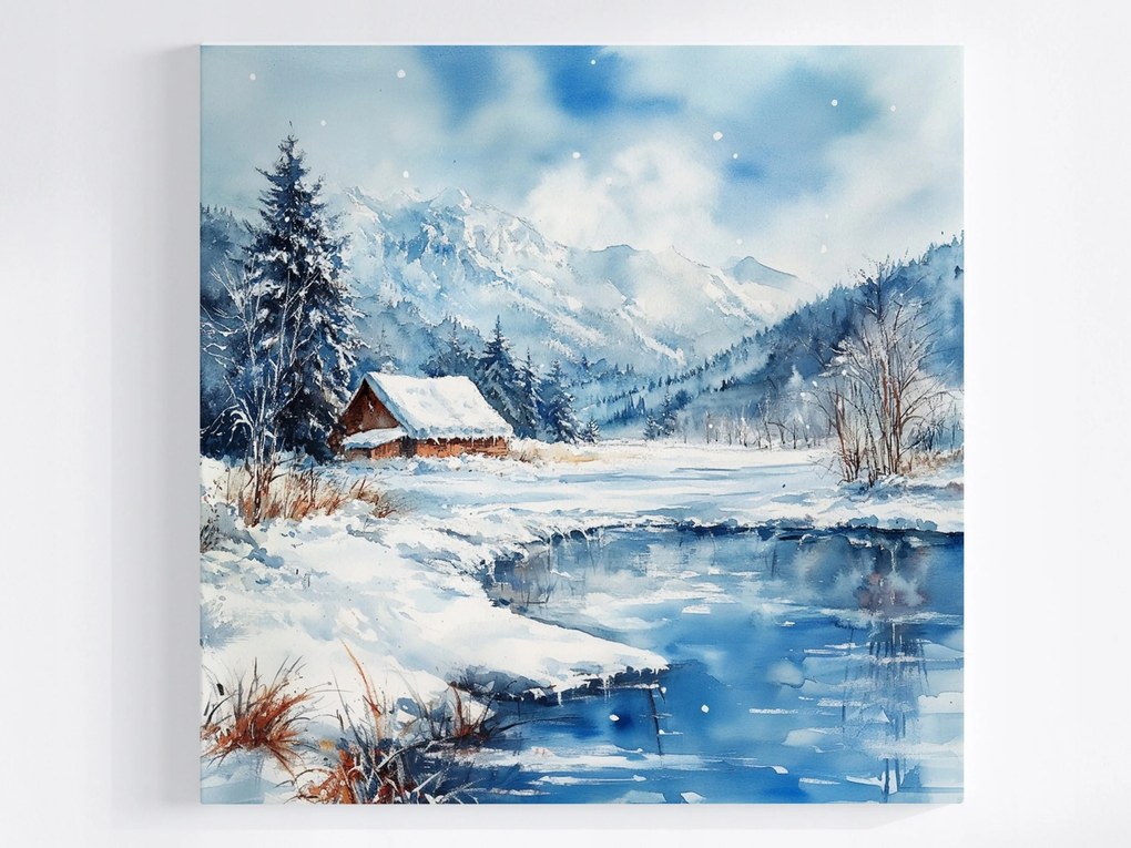 Poszter Tájkép Hegyek Tó Ház Tél Hó 80x80