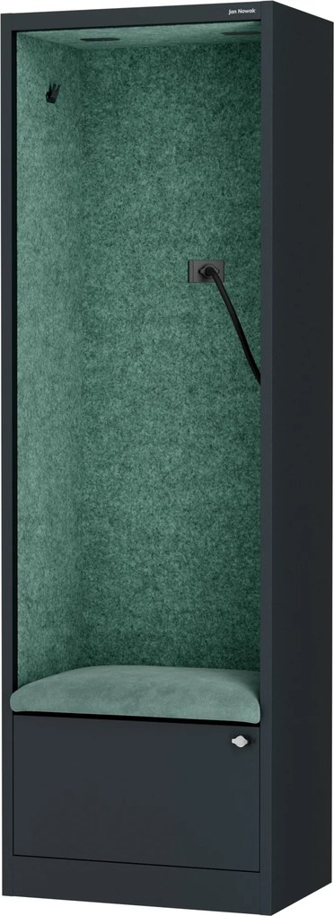 Irodai hangszigetelő fülke ülőkével és USB-C csatlakozóval, antracit színű váz / zöld ülőke, 600 mm: SALLY MentalBox
