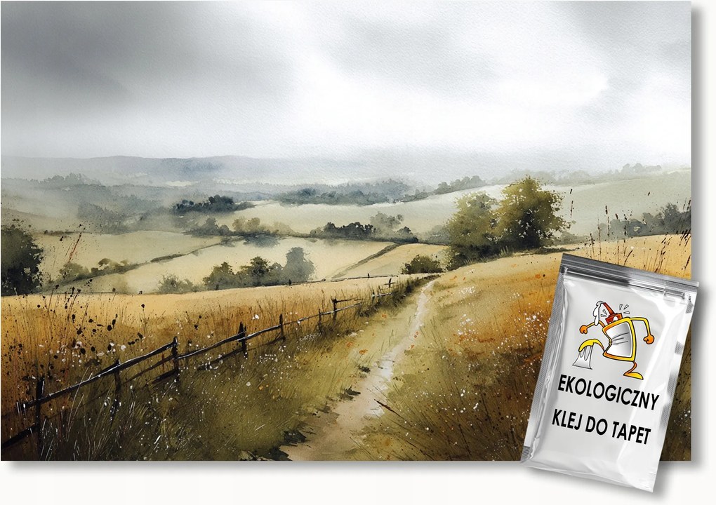 Fotótapéta Flizelina Akvarell Tájkép Falu Dombok Mező Út 300x210 ragasztó