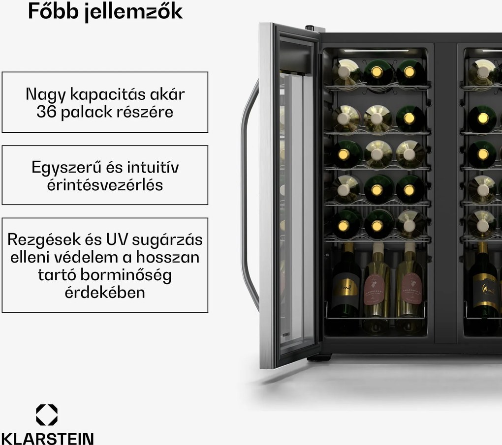 Klarstein Vinamour borhűtő, 2 hűtési zóna, 7 polc, érintésvezérlés, UV-védelem