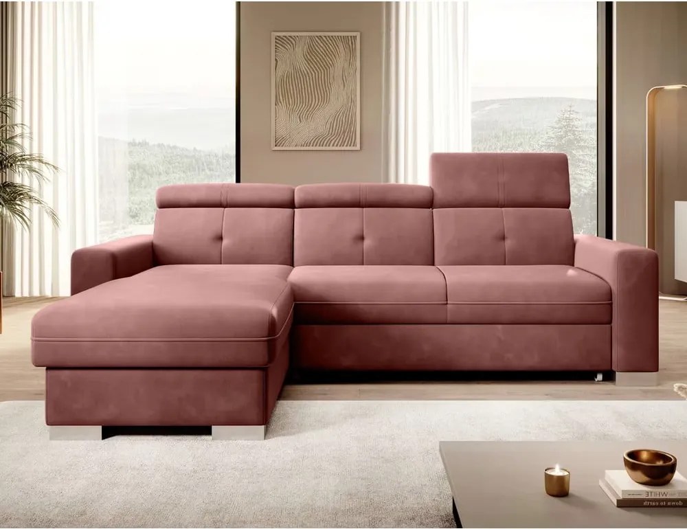 Rózsaszín bársony kinyitható-tárolóhelyes sarokkanapé (bal oldali-heverő résszel) Fresia – ELTAP