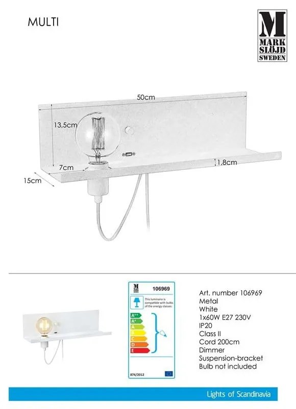 Multi fehér fali lámpa USB töltőállomással - Markslöjd