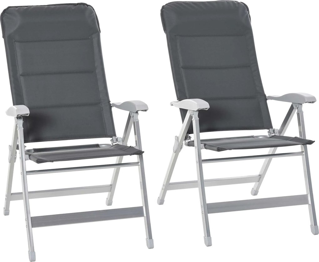 Outsunny 2 db-os összecsukható kerti szék szabadban, magas háttámlás, dönthető, több pozíciós karfás fejvédővel, alumínium vízlepergető Oxford szürke