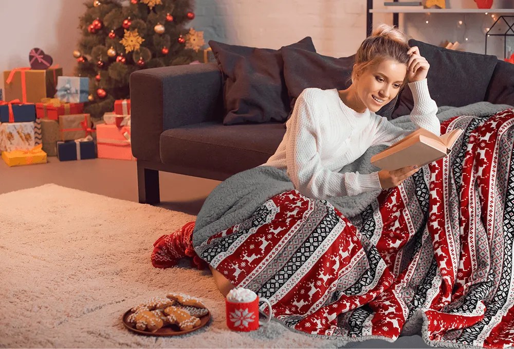 Kétoldalas bárány takaró, téli motívum, 150x200, RENIFE