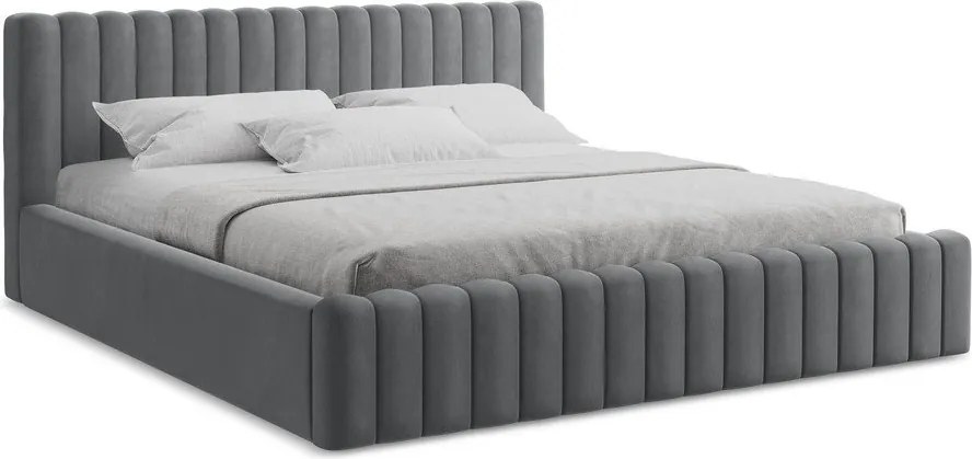 Szürke kárpitozott ágyneműtartós franciaágy ágyráccsal 180x200 cm Lemi – Makamii