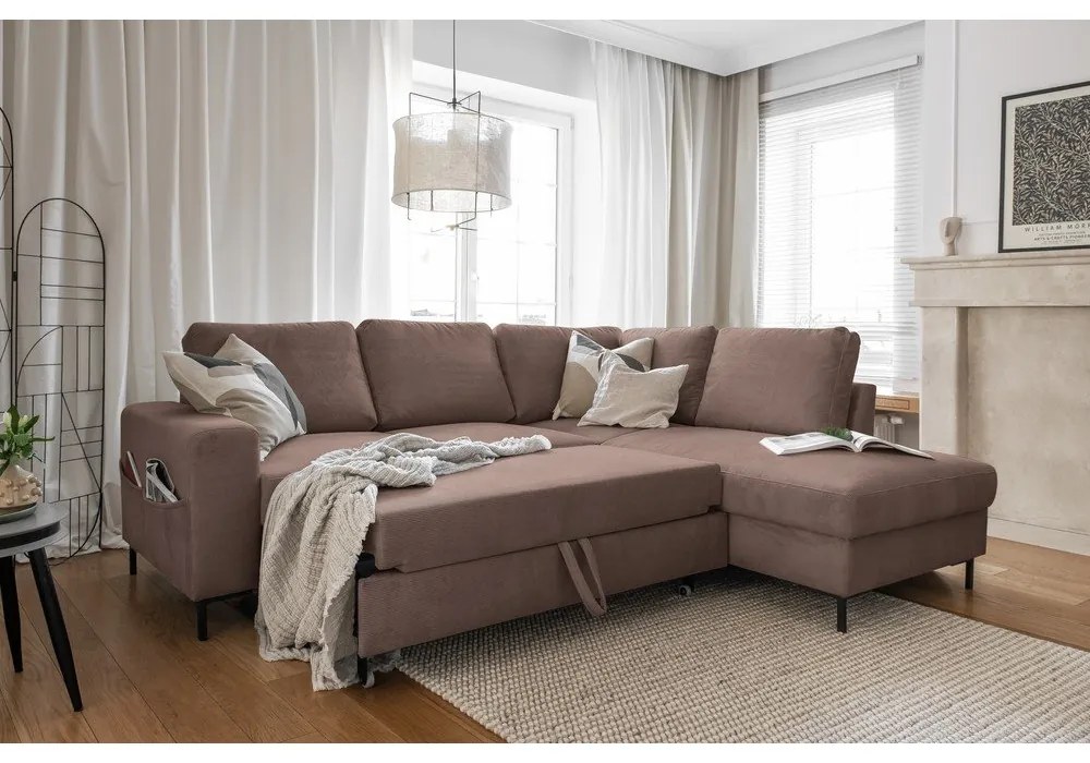 Barna kordbársony kinyitható sarokkanapé (jobb oldali) Lofty Lilly – Miuform