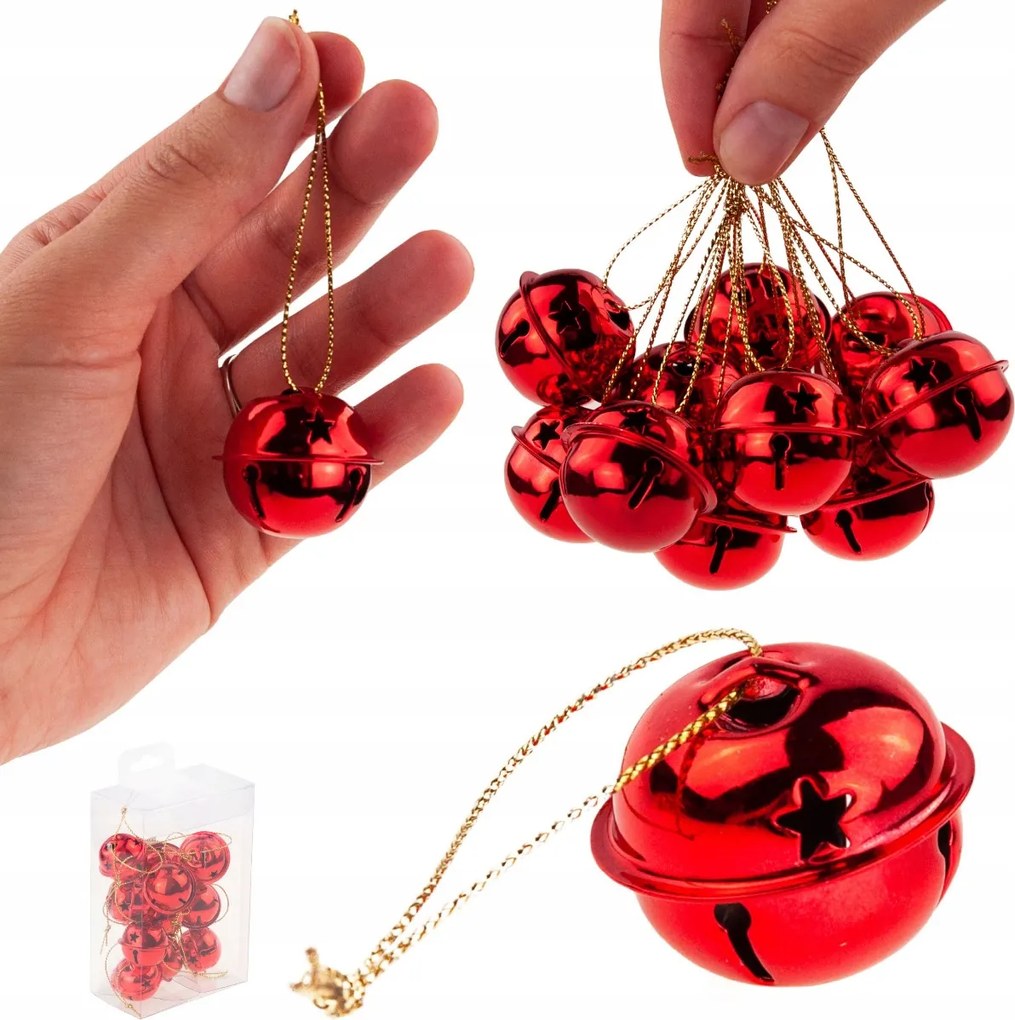 Bombák Karácsonyi Medálok Piros Fém Csengő 12db