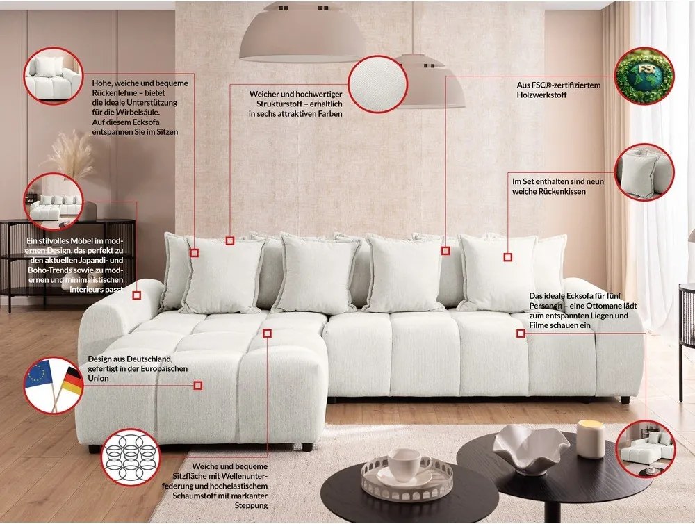 Fehér sarokkanapé (bal oldali-heverő résszel) Albane – Ropez