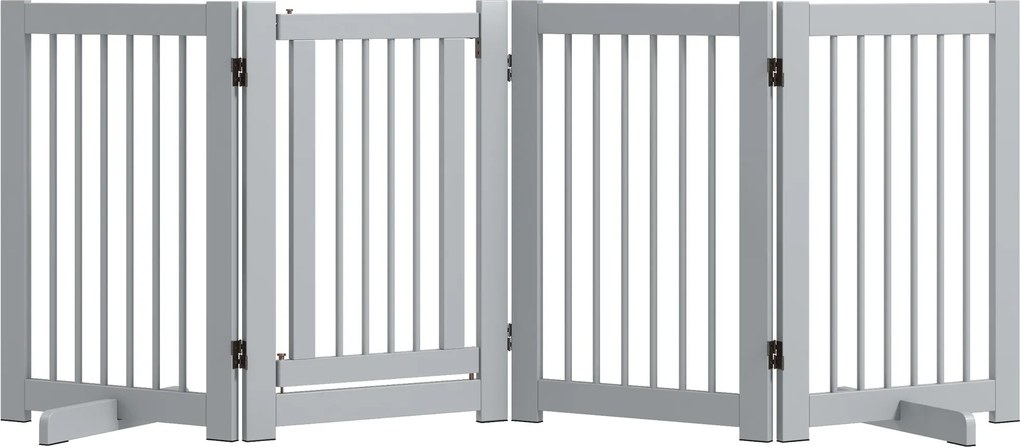 PawHut Szabadonálló Kutyabiztonsági Ajtó 204 x 75 cm Fa Kutyakapu Lépcsőhöz, Ajtókhoz, Konyhához, Előtérhez, 4 Panel, Világosszürke | Aosom