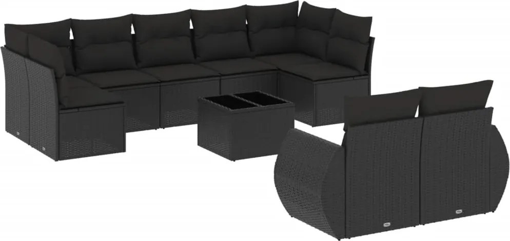 vidaXL 10 részes fekete polyrattan kerti ülőgarnitúra párnákkal