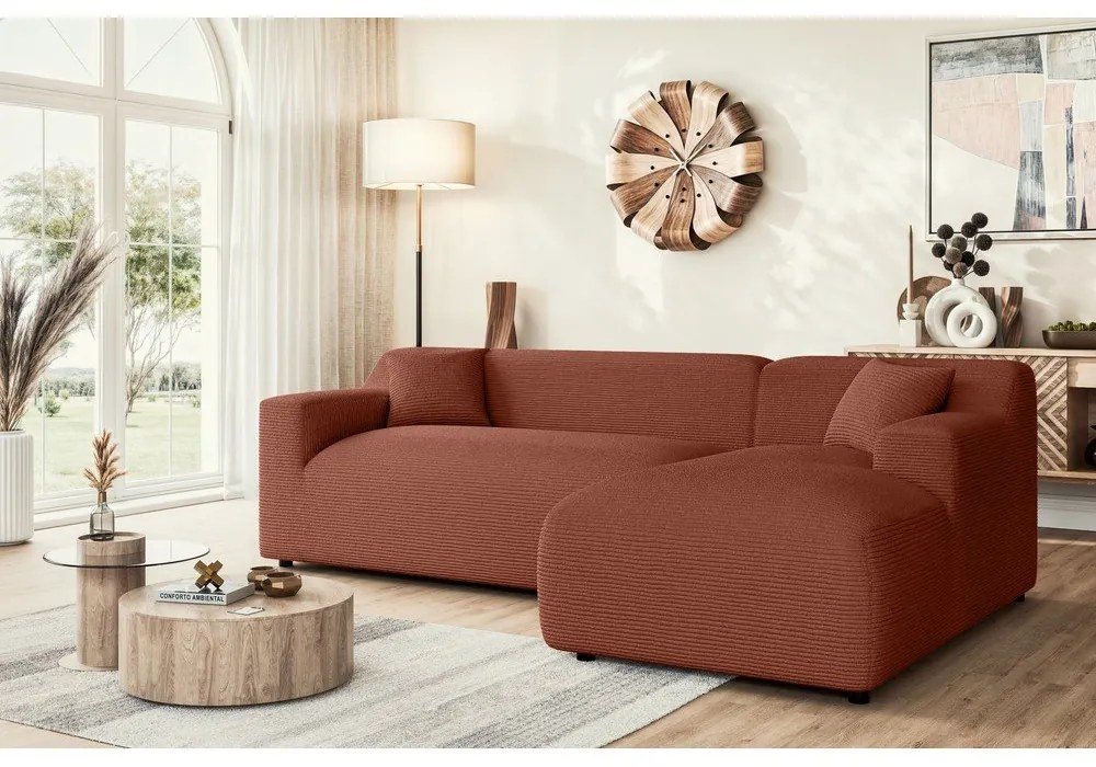 Téglavörös kordbársony sarokkanapé (jobb oldali-heverő résszel) Martin – Ropez