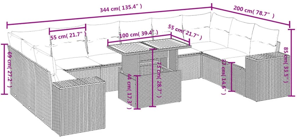 11 részes fekete polyrattan kerti ülőgarnitúra párnákkal