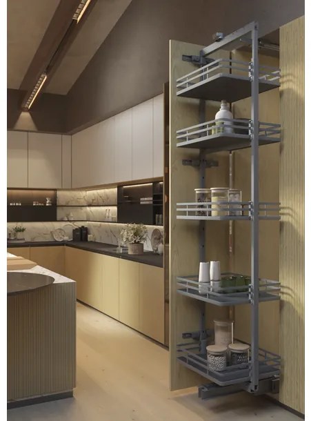 Konyhai fémrács, kamravasalat, 300mm, antracit, teljes kihúzású, csillapított záródás, 1880-2180mm, 5 kosár SIGE, Infinity Plus 265