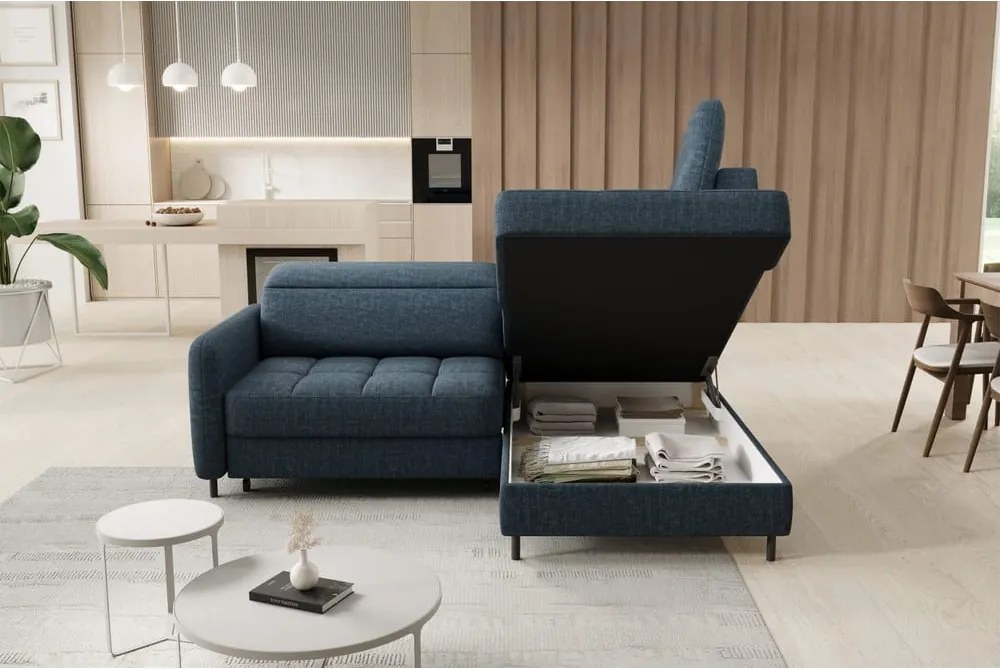 Kék bársony kinyitható-tárolóhelyes sarokkanapé (jobb oldali-L alakú) Barea – ELTAP