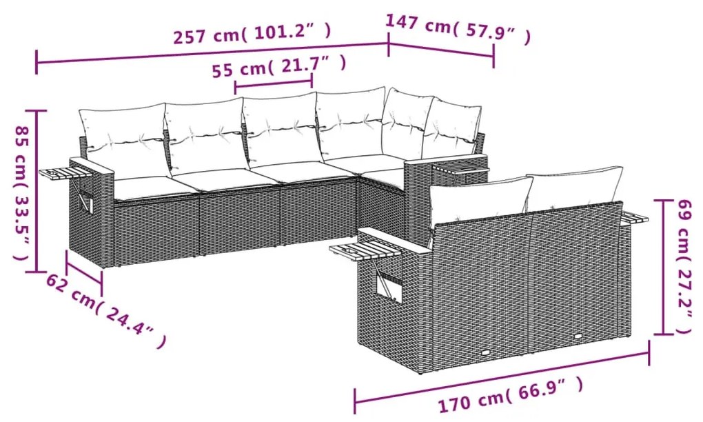 7 részes fekete polyrattan kerti ülőgarnitúra párnával