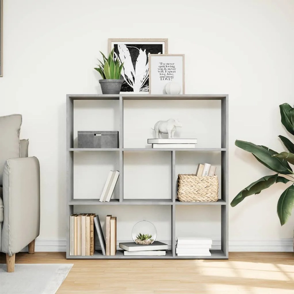 betonszürke szerelt fa elválasztó könyvespolc 102x29x103,5 cm