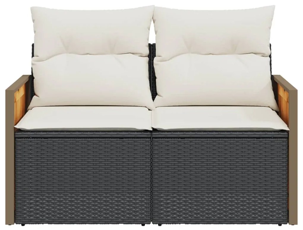 2 személyes fekete polyrattan kerti kanapé párnával