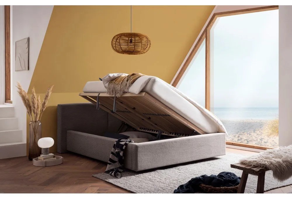 Világosbarna kárpitozott ágyneműtartós franciaágy ágyráccsal 140x200 cm Cube – Meise Möbel