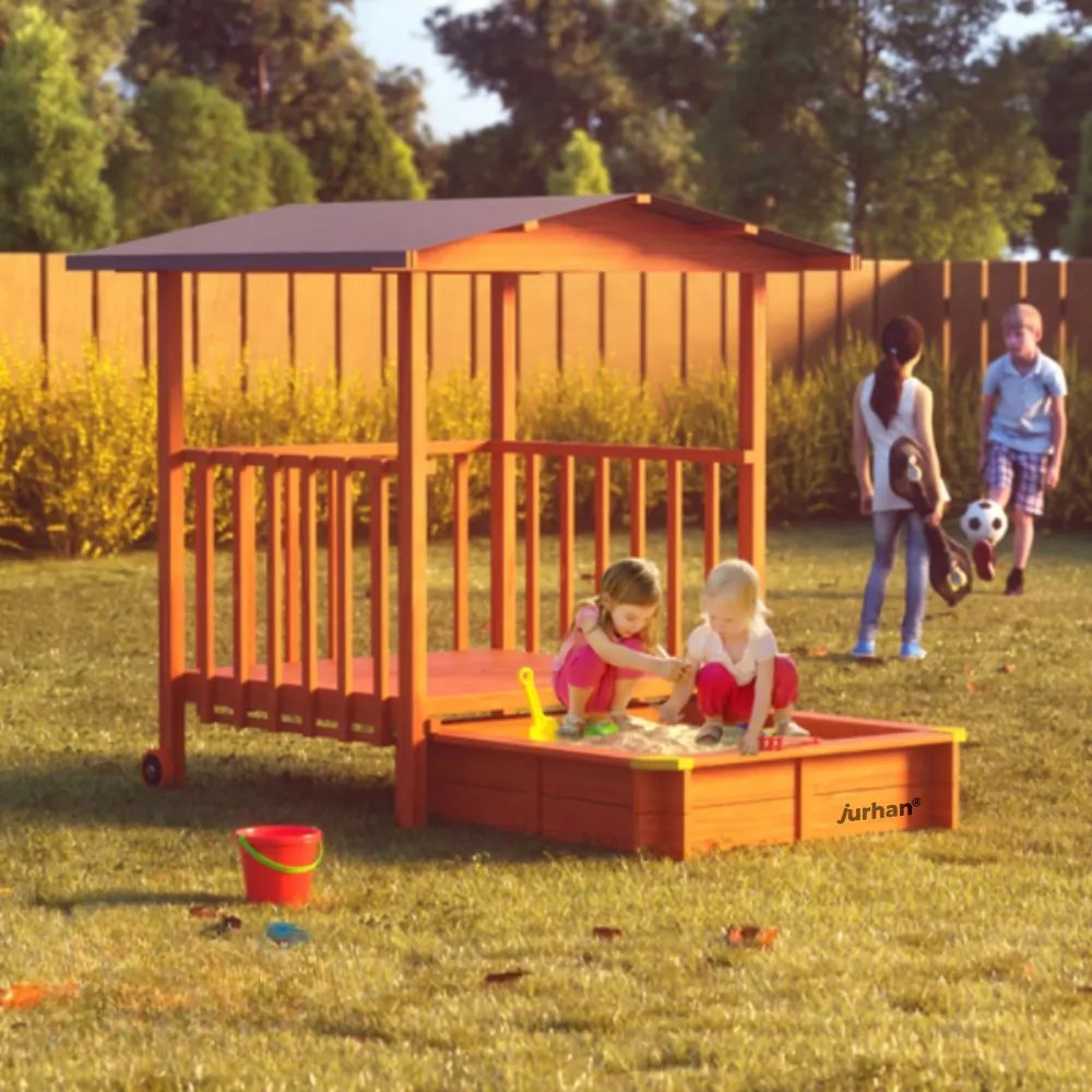 SUNNY verandás homokozó, 130x130x143cm, barna/szürke Jurhan