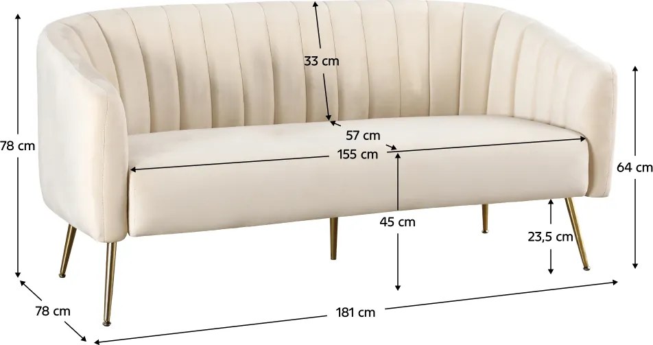 Design 3-as ülés kanapé, bézs Velvet szövet/gold króm-arany, BAGY