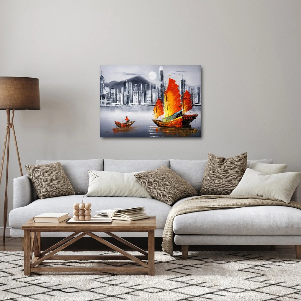 Festmény - Victoria Harbour, Hong Kong, fekete-fehér olajfestmény (70x50 cm)