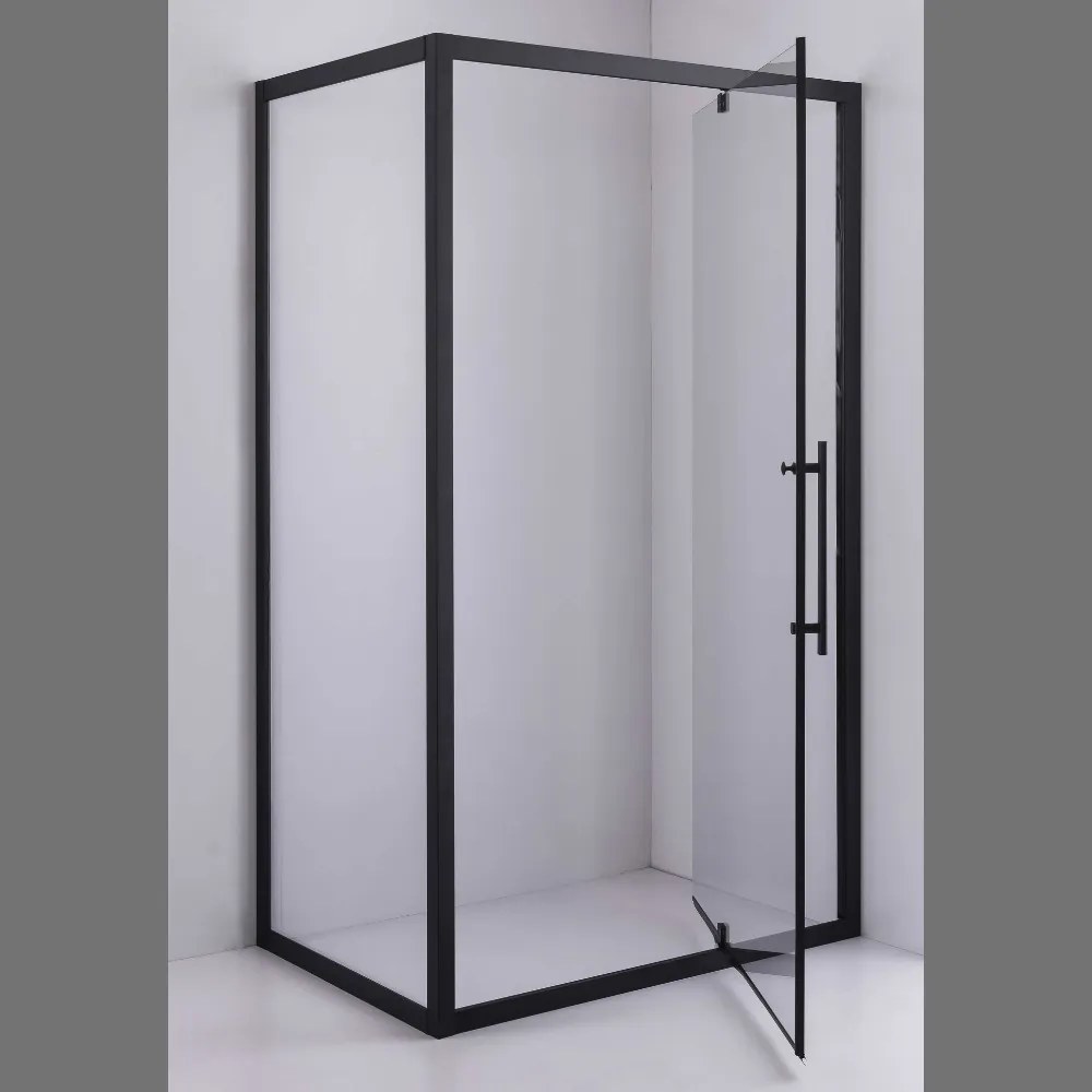 Stuxi Torino Black 100x90 aszimmetrikus szögletes nyílóajtós zuhanykabin 6 mm vízlepergető biztonsági üveggel, matt fekete elemekkel, 200 cm magas