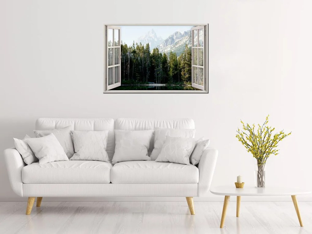 Gario Vászonkép Nyitott ablak Erdei tó Méret: 120 x 80 cm