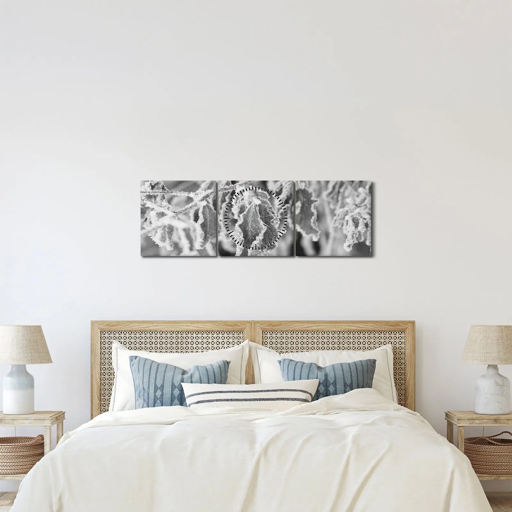 Kép - Fagyott levelek, fekete-fehér (órával) (90x30 cm)