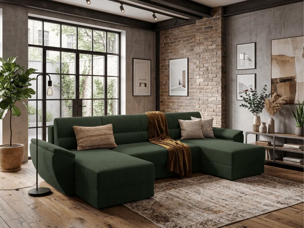 Kinyitható U alakú ülőgarnitúra TAVERO 321x140 cm, sötétzöld