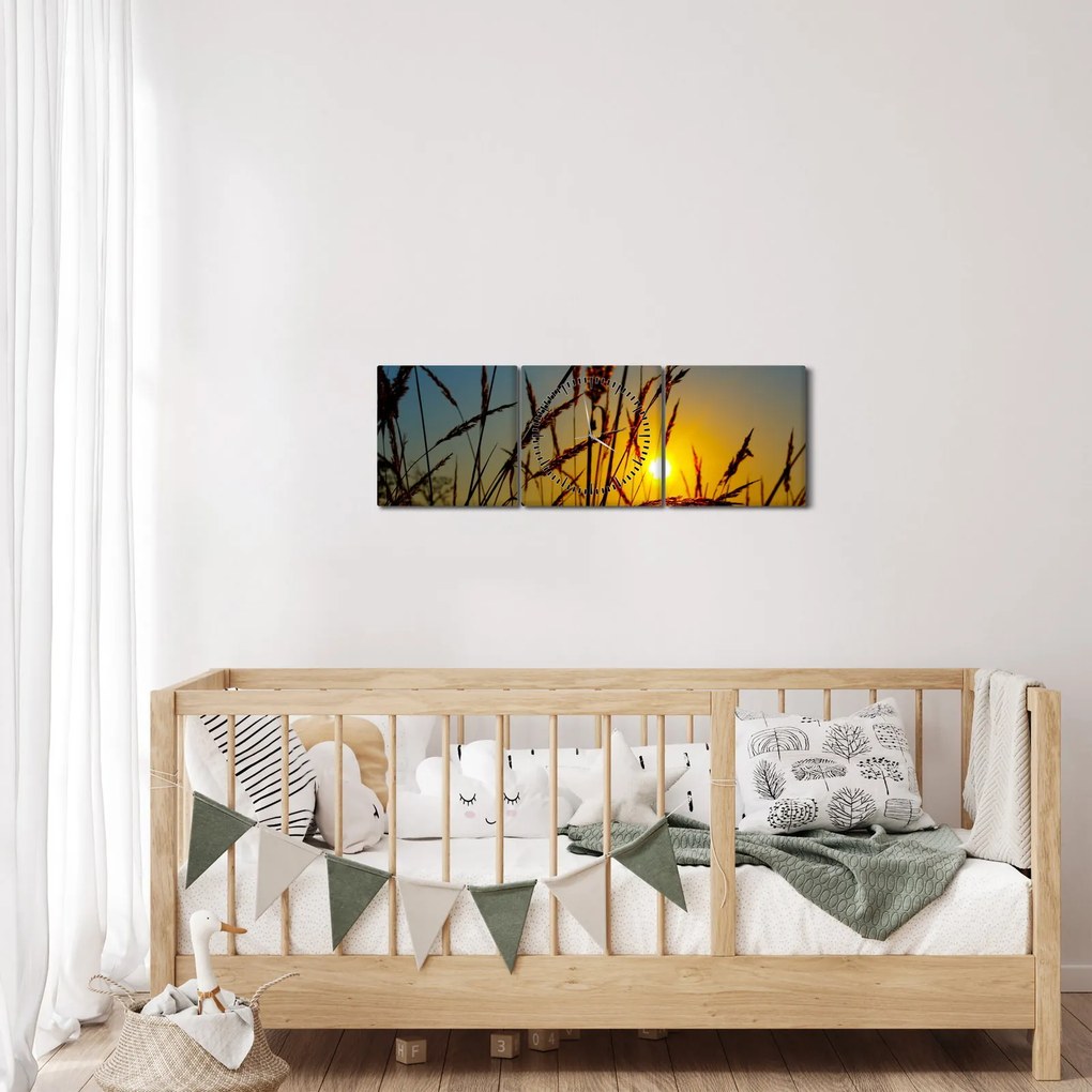 Kép - naplemente a réten (órával) (90x30 cm)