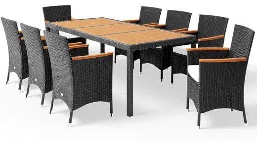 Casaria® Kerti rattan szett Berlin premium 1+8 - fekete/fa